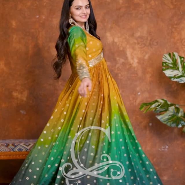Yellow, Green, and Dark Green ombre Anarkali Dress
