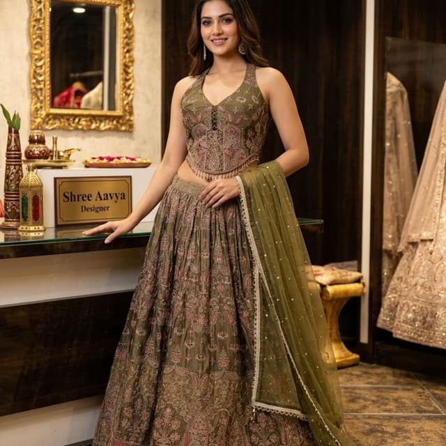 Olive green base with dusty pink, cream, and muted gold embroidery details Lehenga Choli