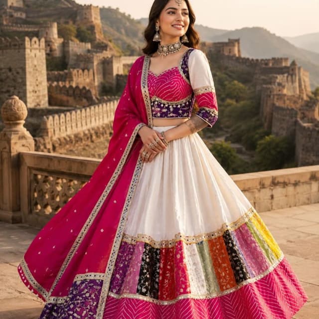 White, Hot Pink, Purple, Multi-color stripes Lehenga Choli