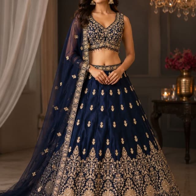 Navy Blue and Gold Lehenga Choli