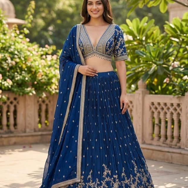 Deep Royal Blue and Metallic Gold Lehenga Choli