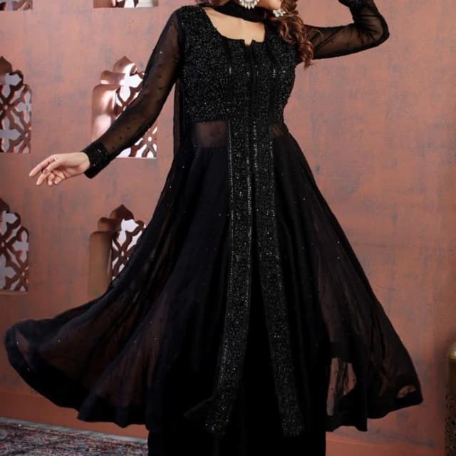 Monochromatic Black Anarkali suit with jacket style overlay