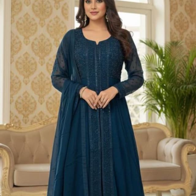 Deep Teal / Peacock Blue Anarkali Suit Set (with palazzo/skirt and dupatta)