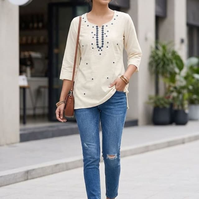 Off-white base with dark blue embroidery Kurti
