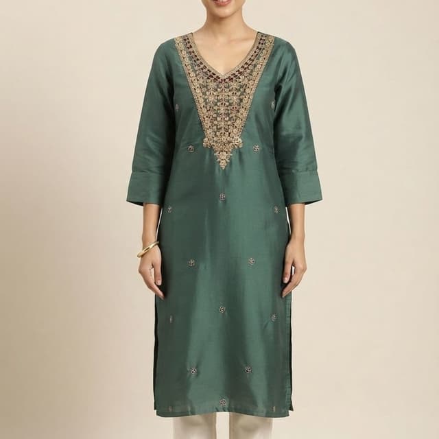 Bottle green with gold and maroon embroidery Kurta