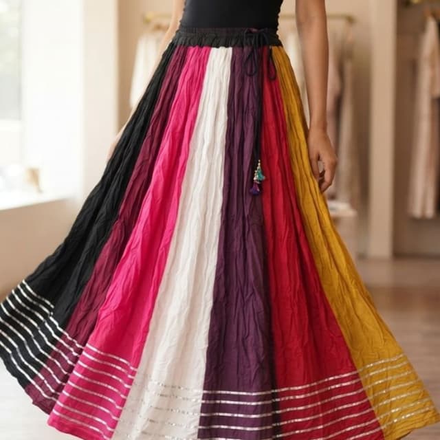 Multicolor: Black, Fuchsia Pink, White, Deep Purple, Mustard Yellow Lehenga Skirt