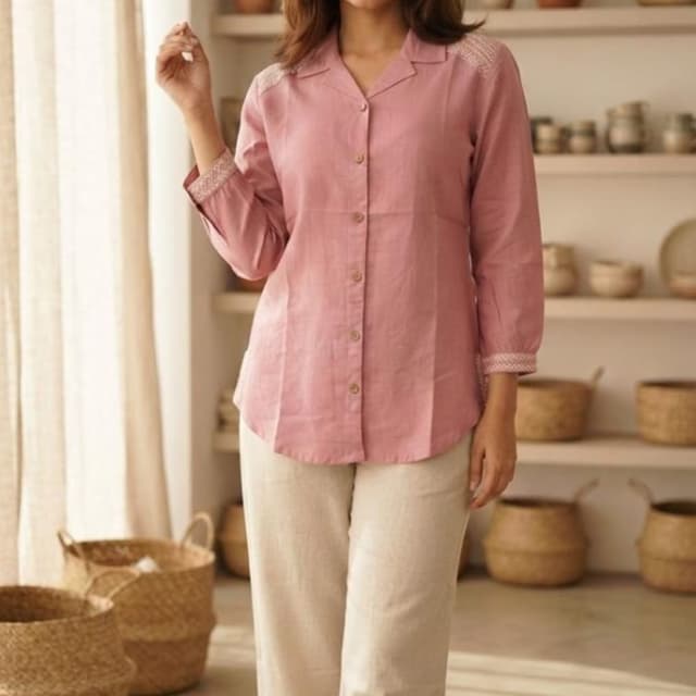Dusty rose pink top with beige/cream trousers Co-ord set (Button-down shirt and trousers)