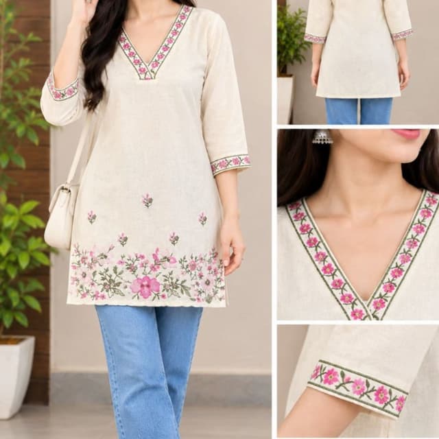 Off-white base with pink and green floral embroidery Kurti