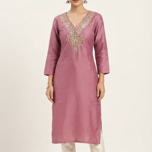 Dusty rose or mauve pink with gold and silver metallic accents Kurta