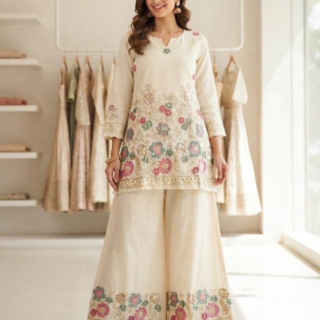Off-white base with multi-colored floral embroidery in pink, sage green, and muted blue tones with gold accents Kurta and Palazzo Set