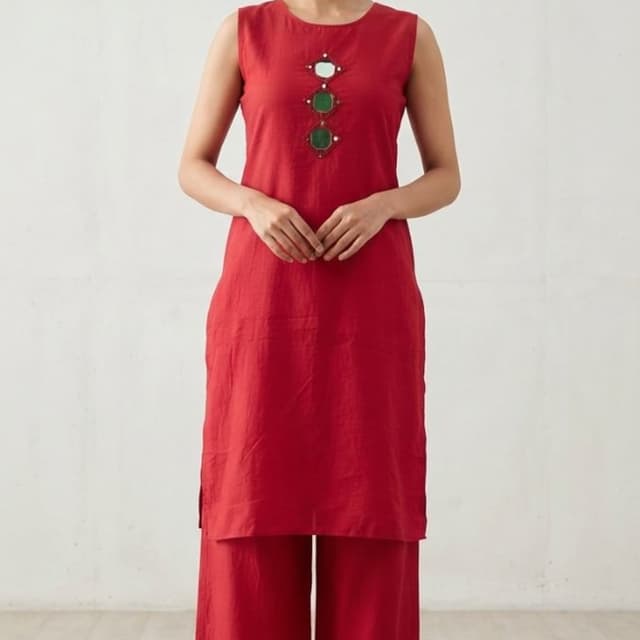 Red base with green and white accents in the mirror embroidery Kurta Set (Kurta and Palazzo)