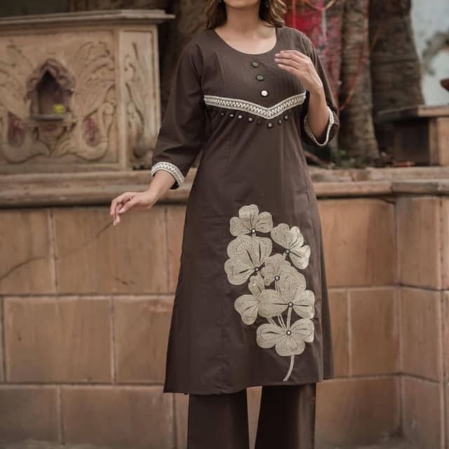 Solid dark brown with cream-colored embroidery and white lace accents Kurta Set with Pant