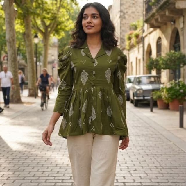 Olive green top with white print, beige pants with olive green leaf details Co-ord set (peplum top and trousers)