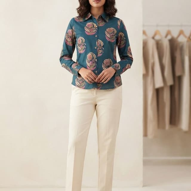 Teal base with pink, muted yellow, and cream floral-inspired patterns; paired with cream trousers Shirt and Trousers Set