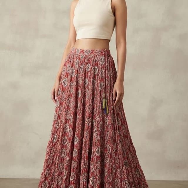 Rust red, beige, off-white, olive green accents Lehenga Skirt