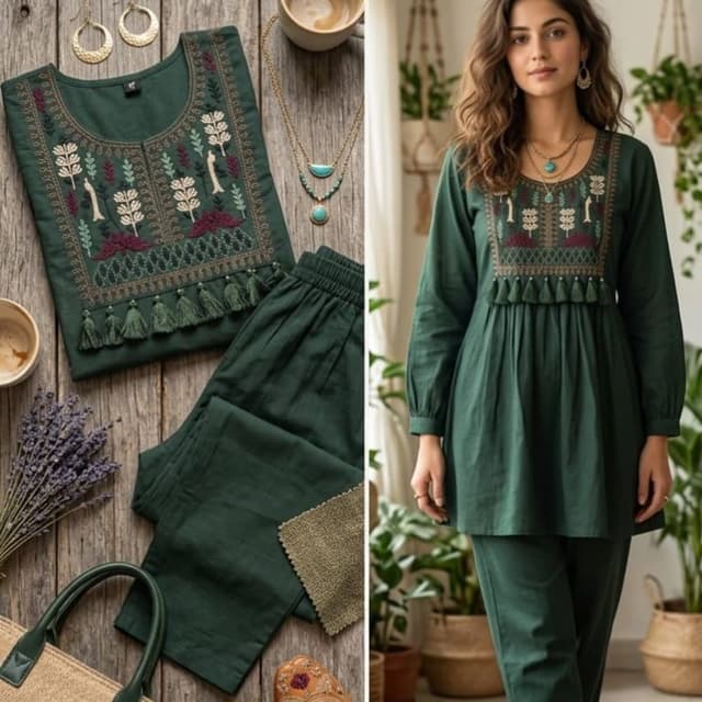 Dark Green, Mustard, Burgundy, and Sage Green accents Co-ord Set