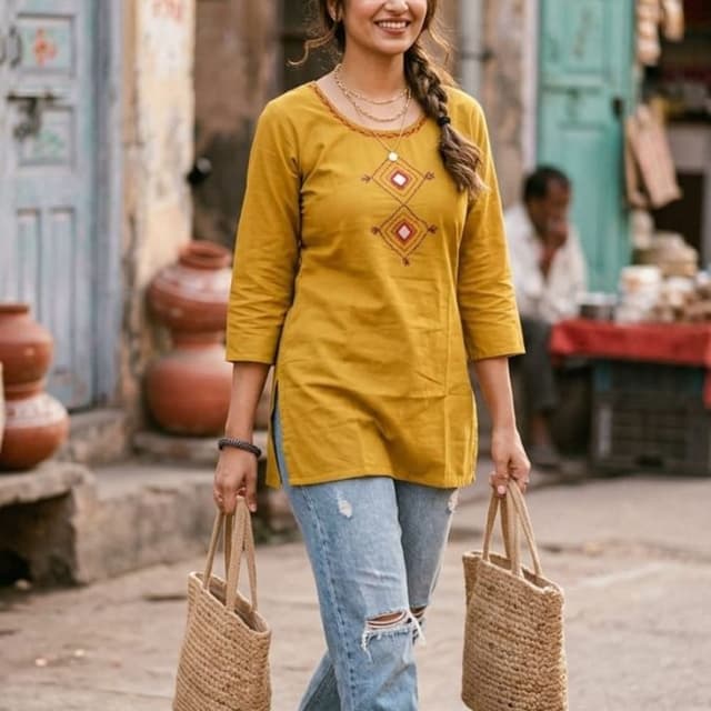 Mustard yellow tunic with light blue denim Kurti with Jeans