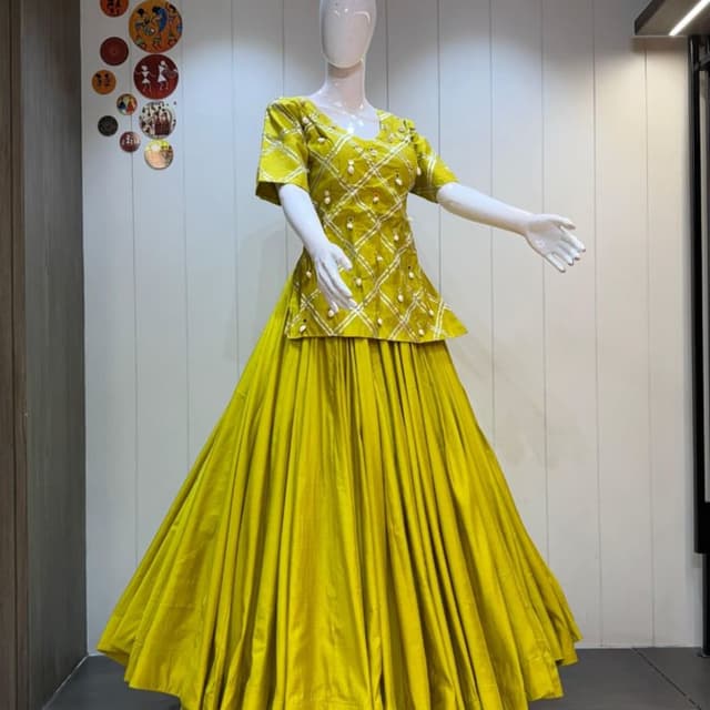 Mustard Yellow, White Lehenga Choli