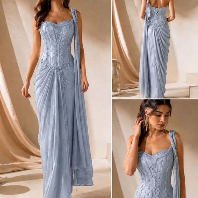 Powder blue, icy blue Draped Saree Gown with Corset