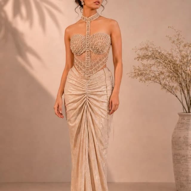 Champagne gold, beige, nude Evening gown with corset bodice