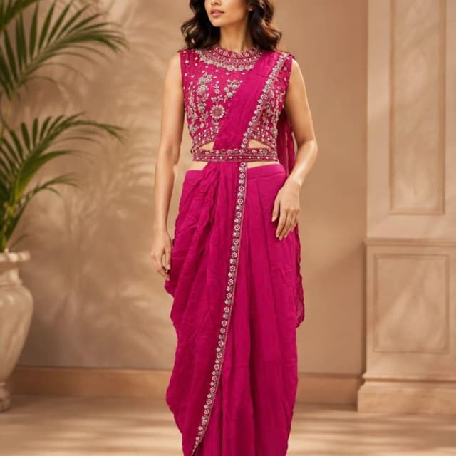 Hot Pink/Fuchsia with Silver embroidery Draped Saree-style Gown