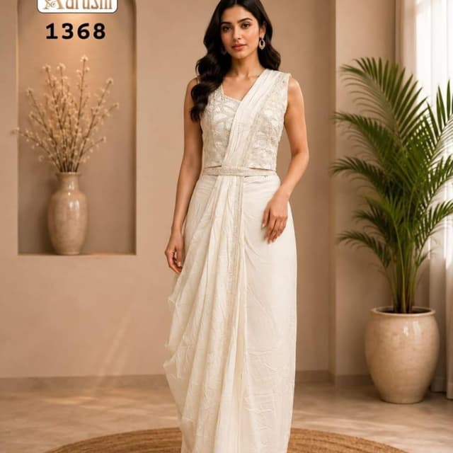 Off-white, Ivory, Cream Draped Saree Gown