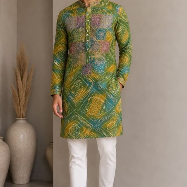 Olive green, teal, yellow, and subtle hints of lavender/purple in the patch panel Kurta