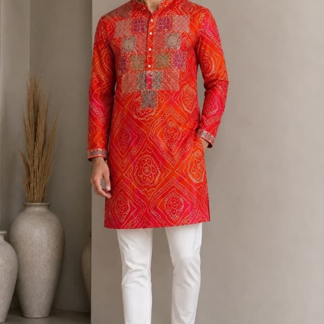 Red, orange, pink, off-white, and muted earth tones Kurta