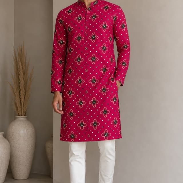 Deep pink/magenta base with white and green geometric accents Kurta