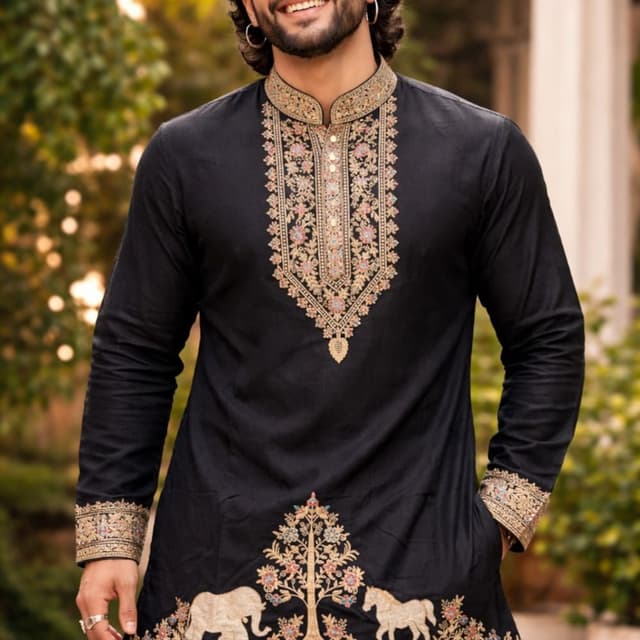 Black base with multi-colored thread work in gold, muted red, blue, and sage green Kurta
