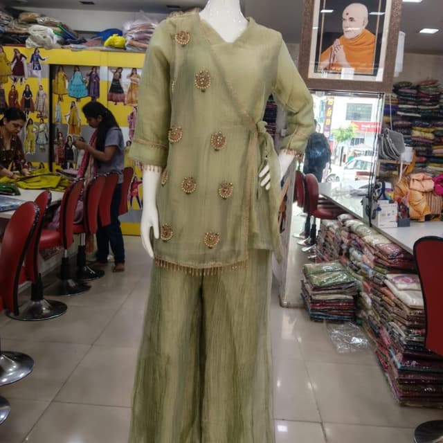 Sage Green, Gold Co-ord Set (Angrakha top with Palazzo pants)