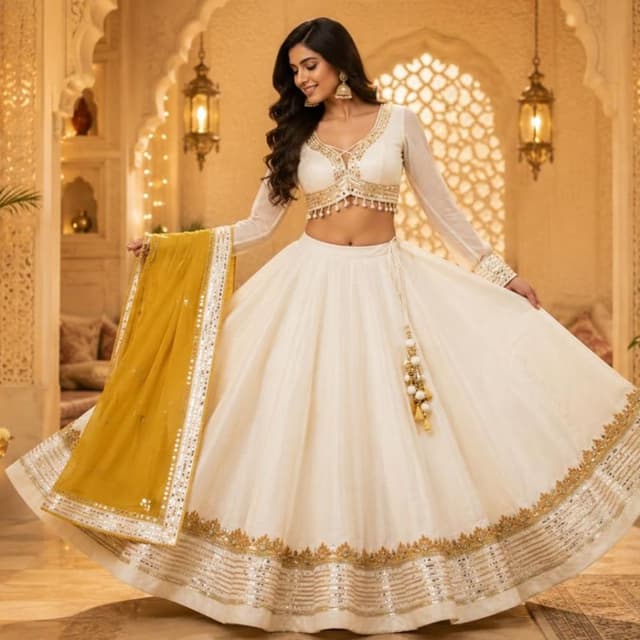 Off-white or cream base with mustard yellow dupatta and gold accents Lehenga Choli
