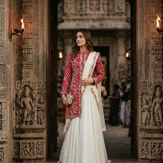 Red, White, and Gold Lehenga Choli with Jacket