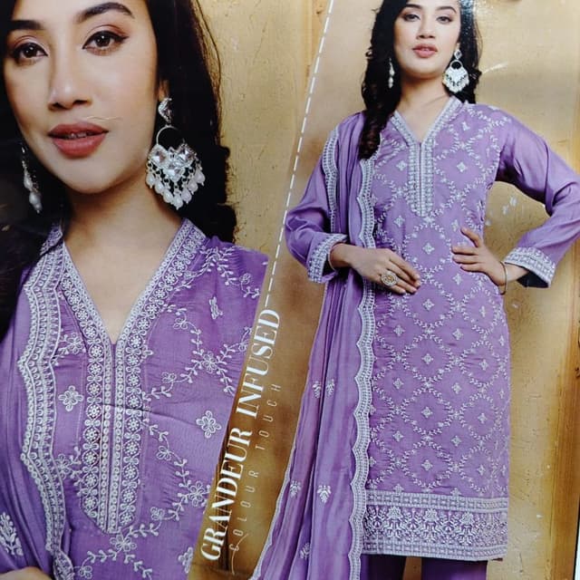 Lavender or light purple base with white embroidery Salwar Kameez set