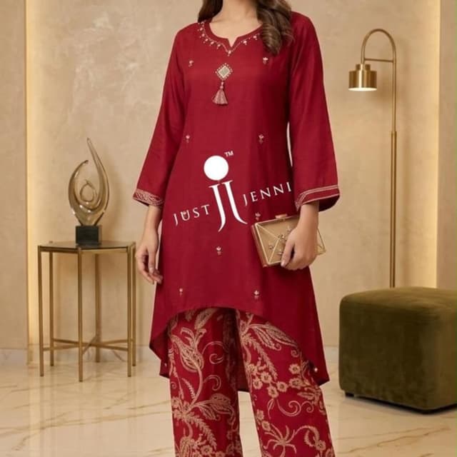 Deep maroon or wine red with gold accents Kurta with Pants set