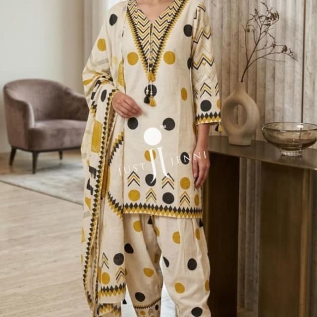 Off-white, Mustard Yellow, Black Salwar Kameez Set