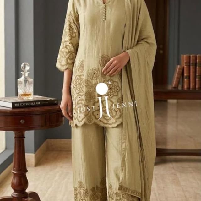 Light olive green, muted sage, tonal gold embroidery Salwar Kameez set with Dupatta
