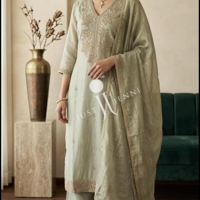 Sage green, muted gold Salwar Kameez set