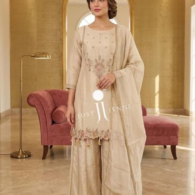Beige, soft gold, and muted pink highlights Sharara Set