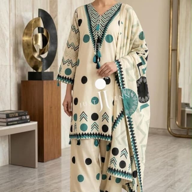 Cream base with Teal and Black accents Salwar Kameez Suit