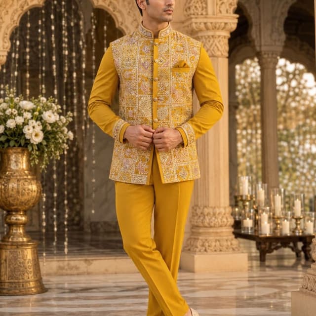 Mustard Yellow, White, Pastel accents Jodhpuri Suit with Nehru Jacket