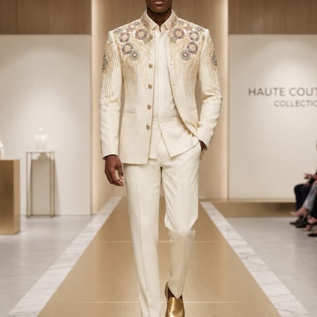 Off-white base with gold, sage green, and hints of mauve/purple embroidery Jodhpuri Suit
