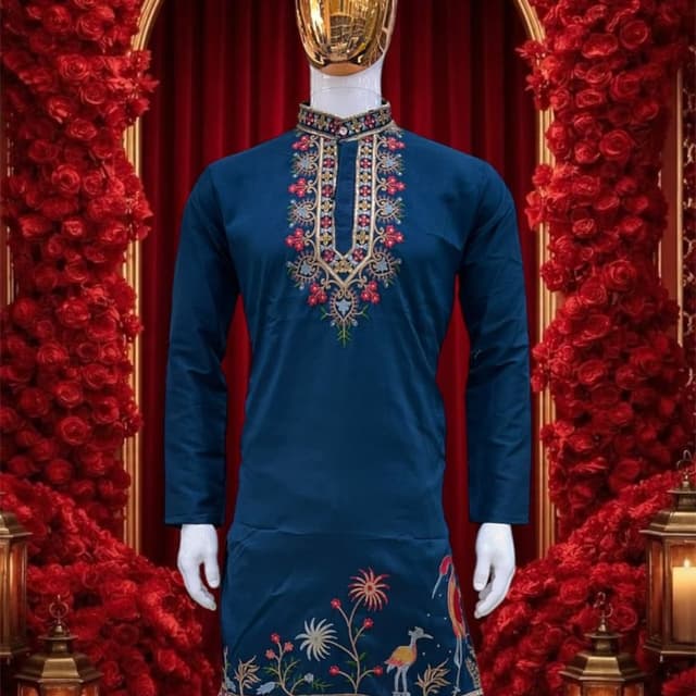 Deep blue base with multi-colored floral and bird embroidery in pink, yellow, green, and red tones Kurta
