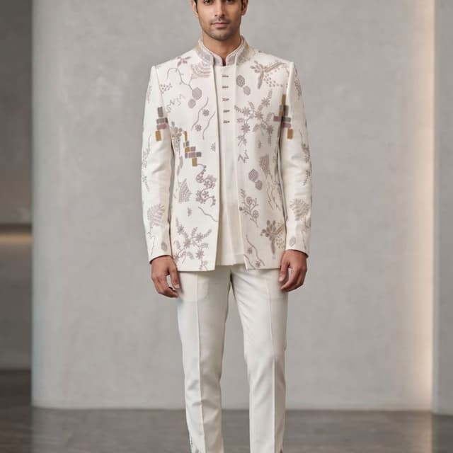 Off-white base with silver, metallic gold, and muted pastel embroidery tones Indo-Western Jodhpuri Suit/Bandhgala Set