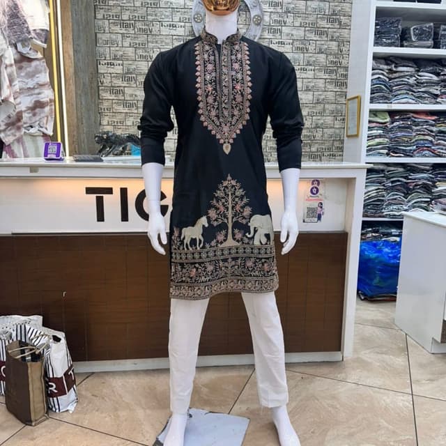 Black base with multi-colored embroidery and white trousers Kurta Set