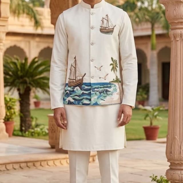 Off-white base with blue, green, brown, and golden accents in the embroidery Indo-Western Nehru Jacket and Kurta set