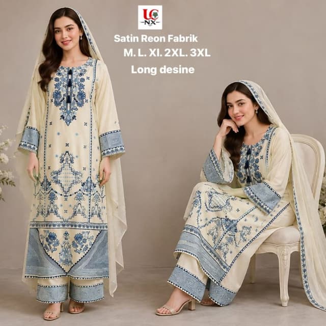 Off-white base with deep blue and soft grey accents Kurta Set with Dupatta