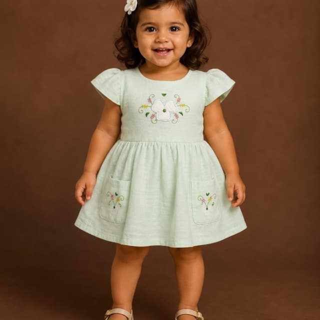 Mint green base with white, yellow, and soft pink floral embroidery Dress