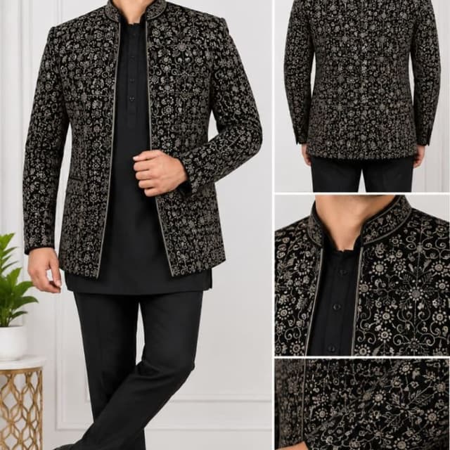 Black and metallic gold Jodhpuri Blazer/Bandhgala