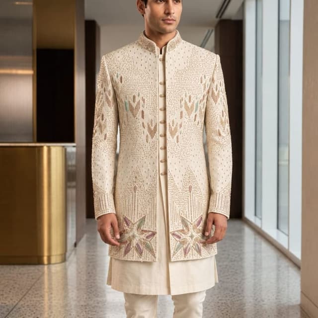 Off-white, Cream, Gold, subtle hints of pastel green and lavender Sherwani